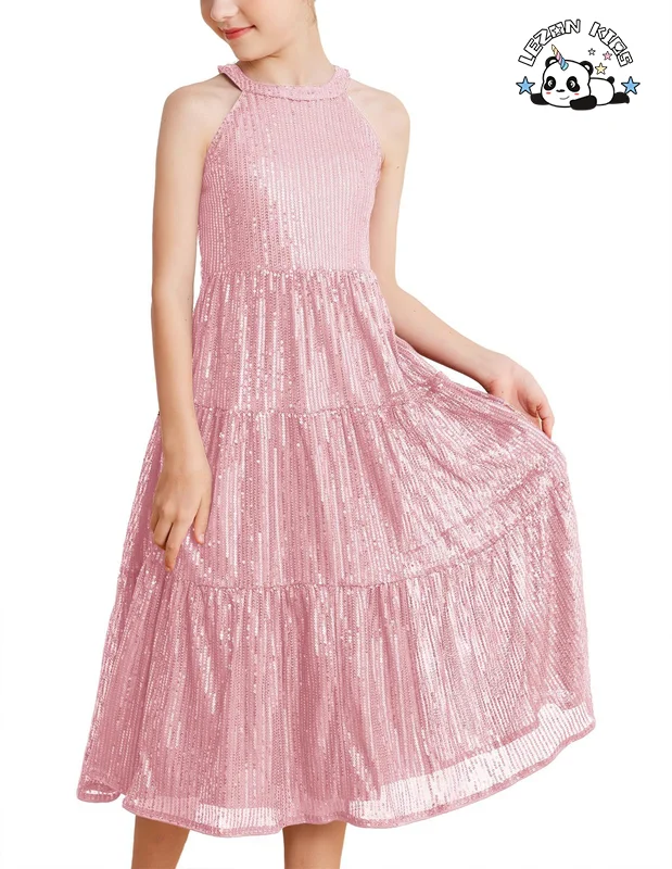 LEZONKIDS - Professional Factory Sleeveless Sequin Patches Long Skirt Kids Christmas Party Dress